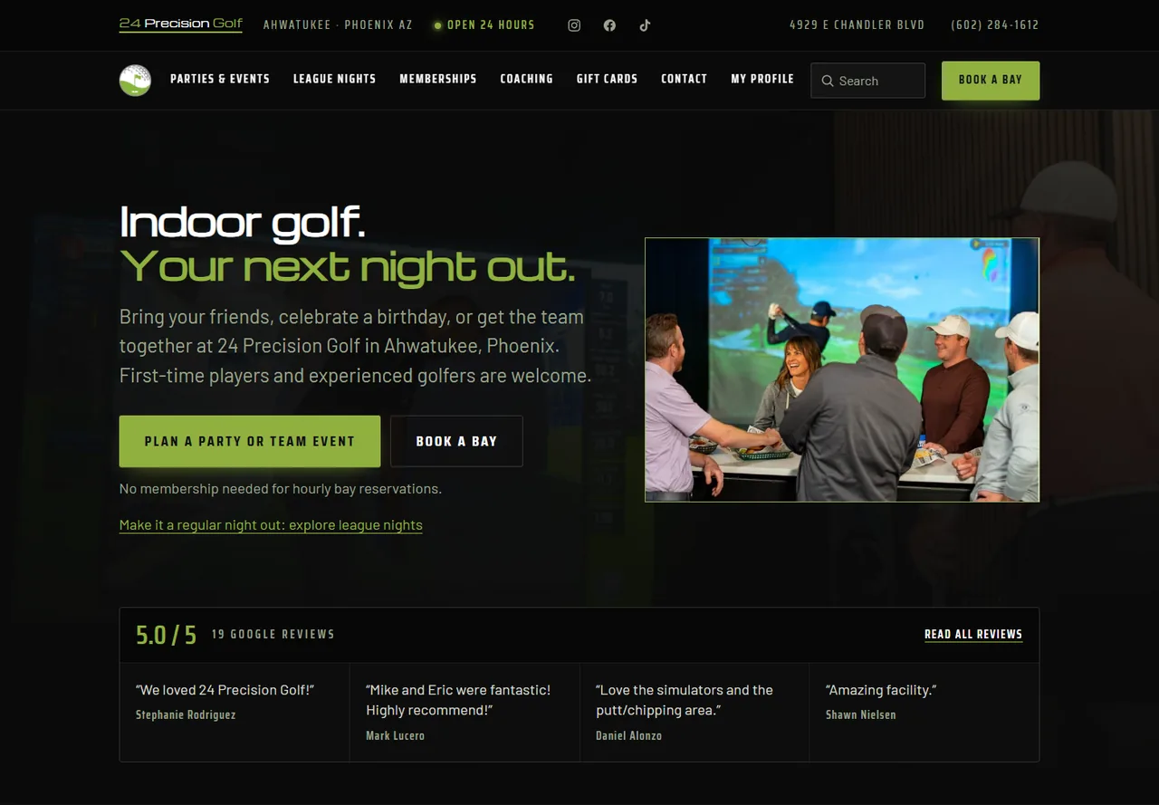 24 Precision Golf homepage featuring its indoor golf experience in Ahwatukee
