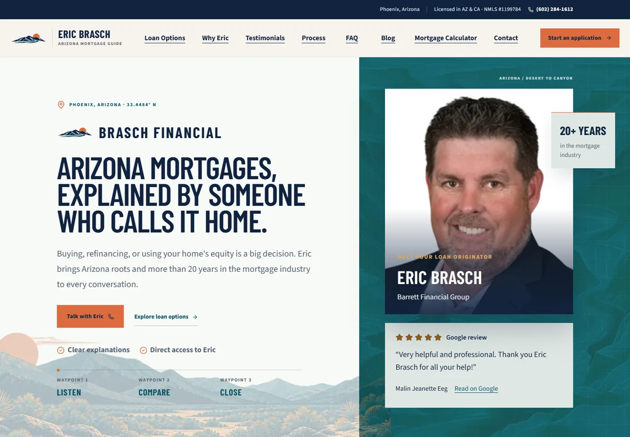 Brasch Financial homepage featuring Eric Brasch and Arizona mortgage services