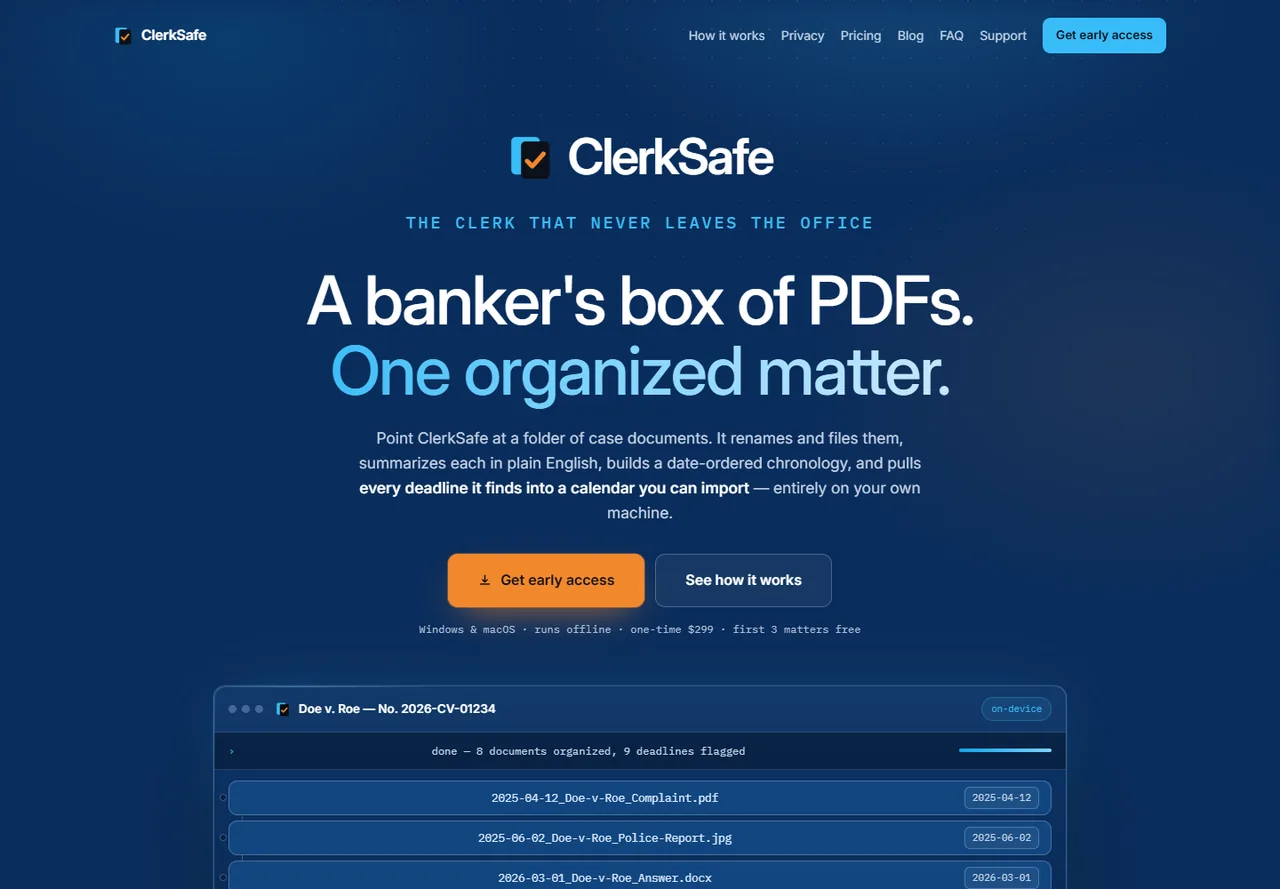 ClerkSafe homepage for its offline AI case-file software for solo attorneys