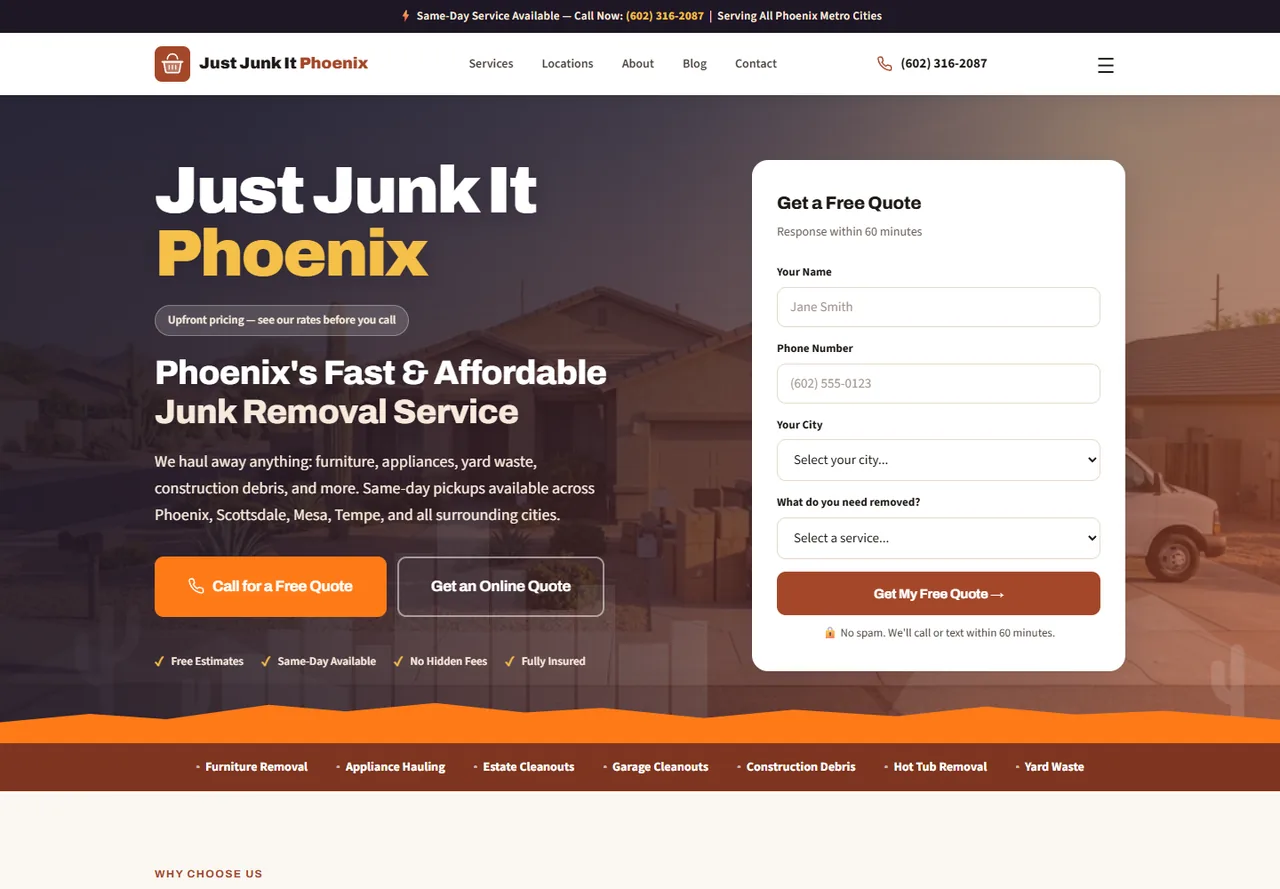 Just Junk It Phoenix homepage showing service details and the quote form