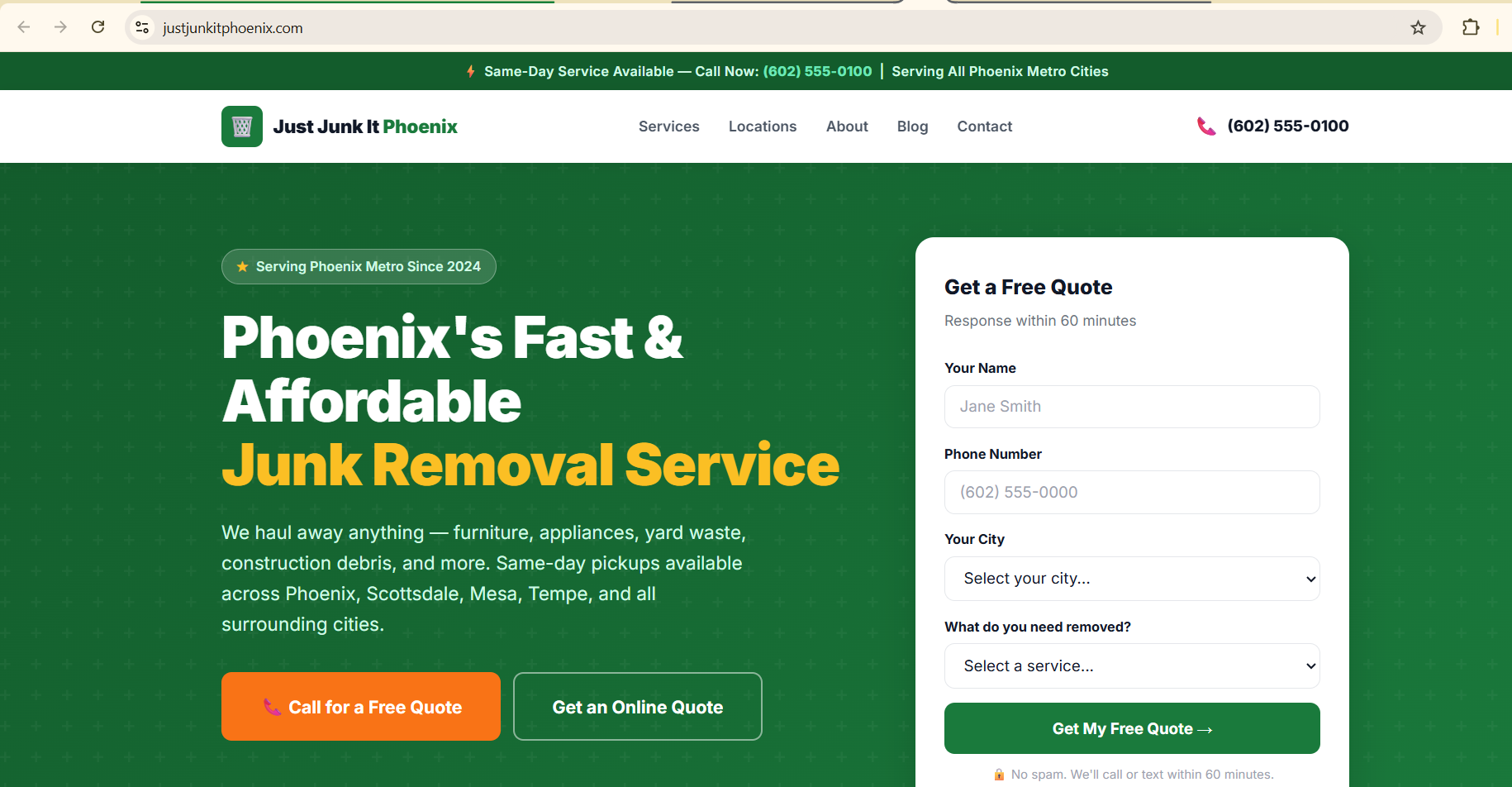 Homepage of Just Junk It Phoenix, a junk removal website